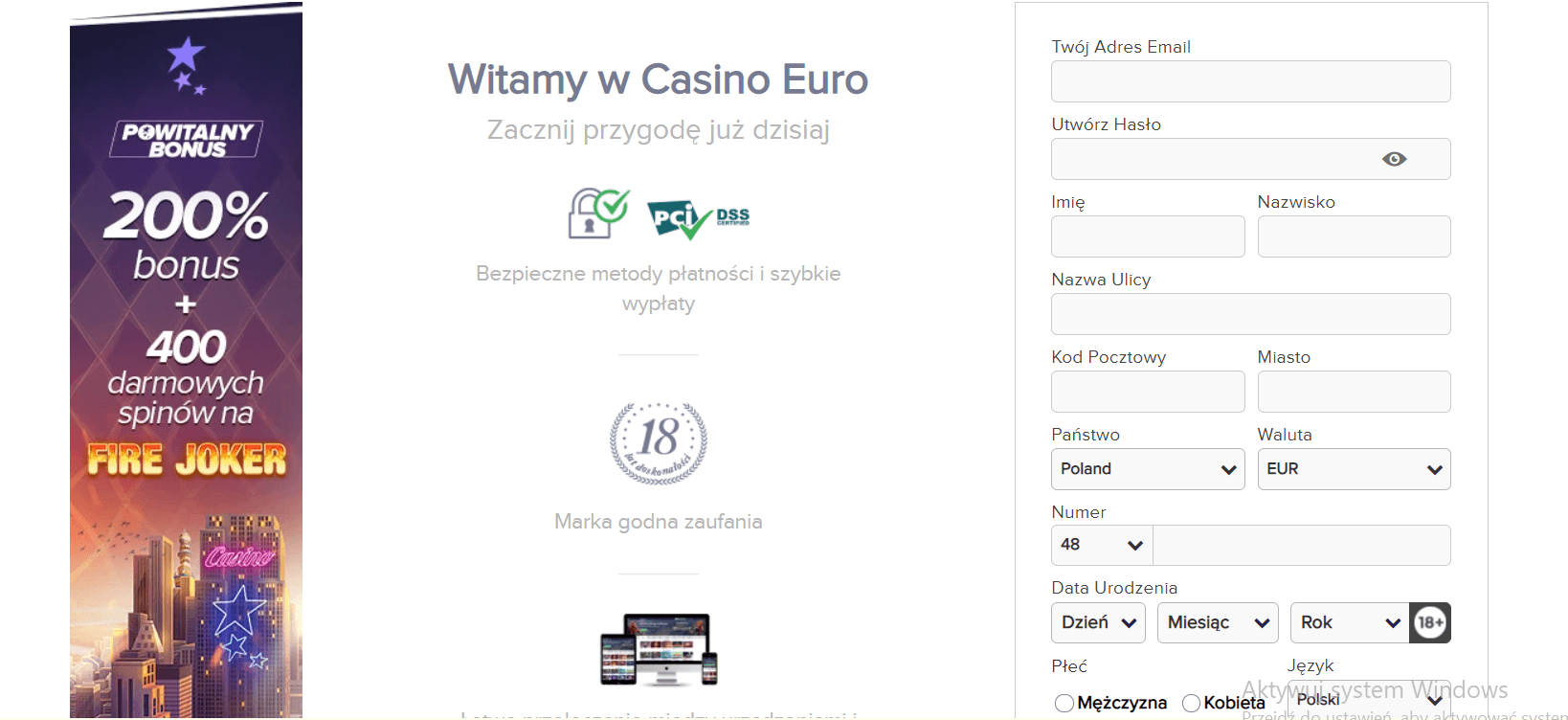 casinoeuro rejestracja i logowanie screenshot