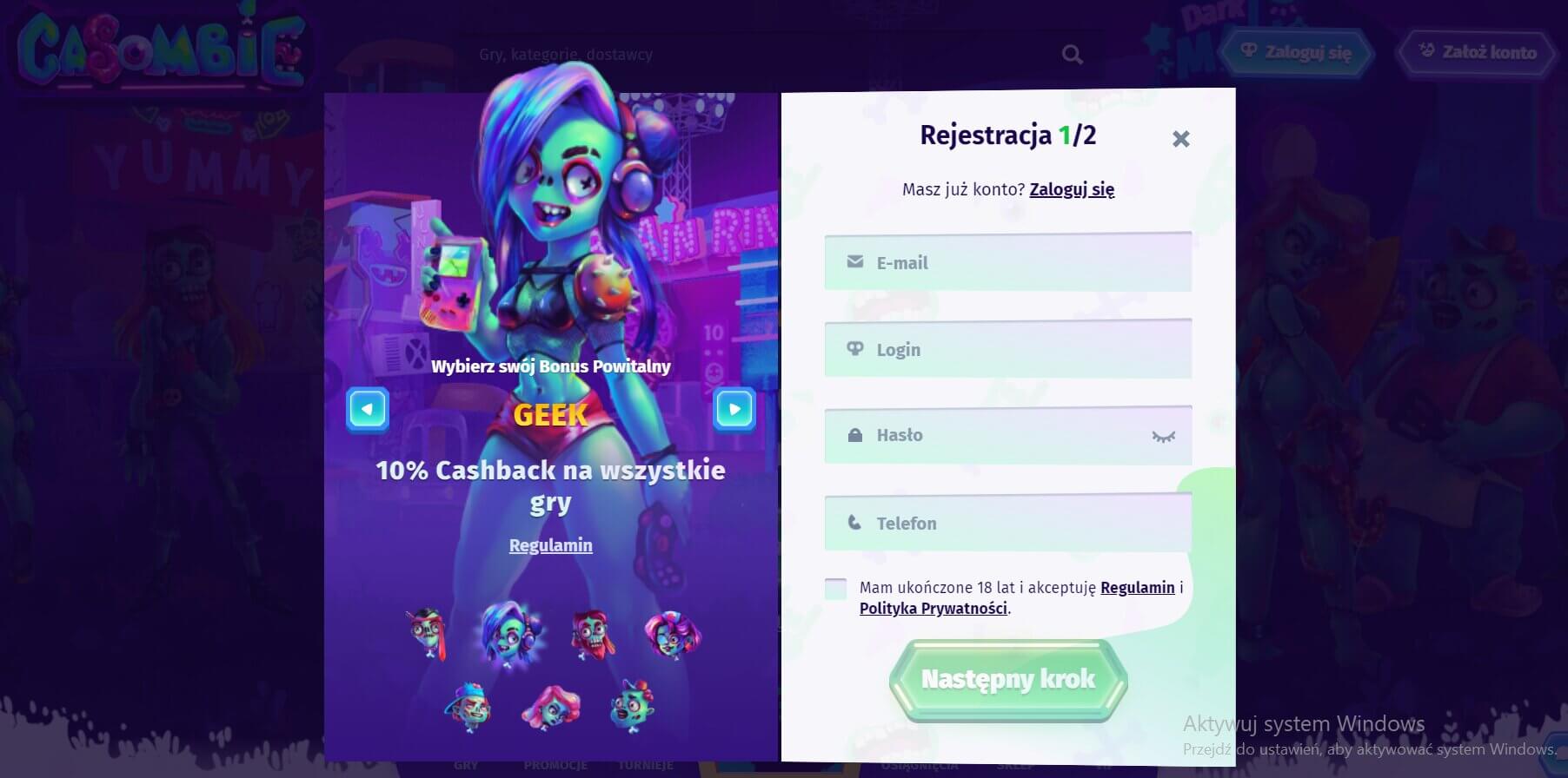 rejestracja w casino casombie screenshot